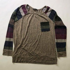 Staccato Striped Sleeve Pocket Top In Taupe